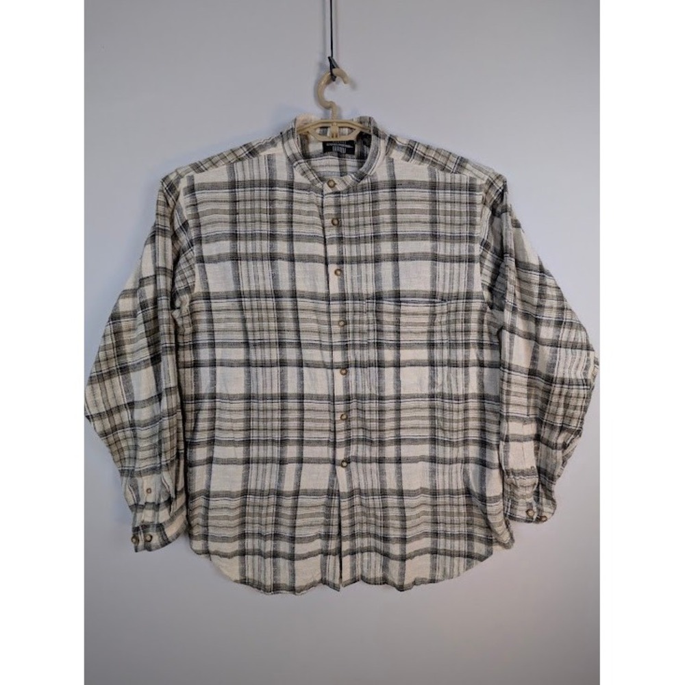 Expressions Grandad Collar Shirt Mens L Cream Grey Plaid 100% Slub Cotton LSBD